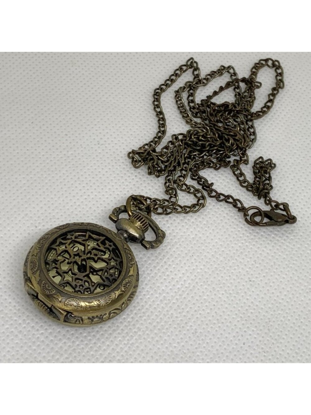 Mini pocket watch pendant with necklace 26mm bronze tone quartz analog running